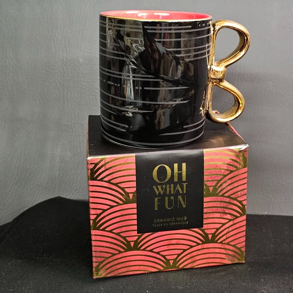 Paper Destiny Oh What Fun Coffee Mug Embossed Ribbon Design Stoneware NIB